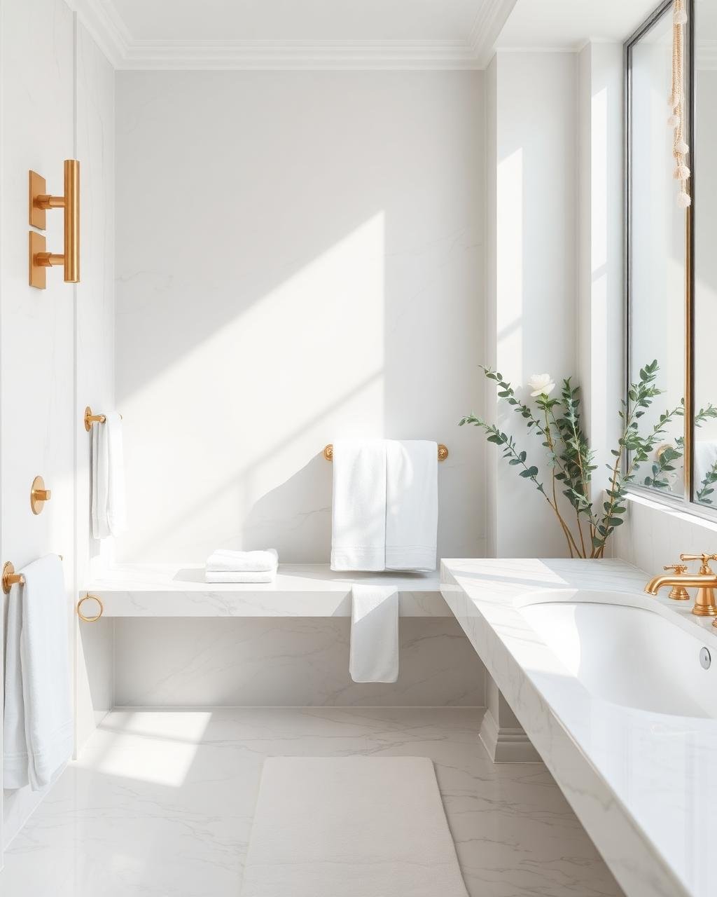 Pristine luxury bathroom with marble and brass