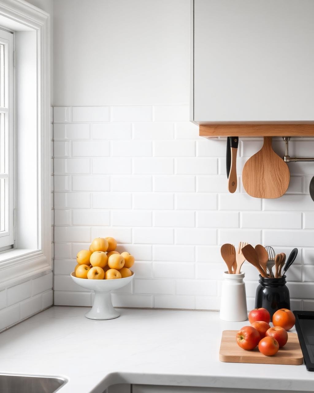 Clean modern kitchen corner with subway tile
