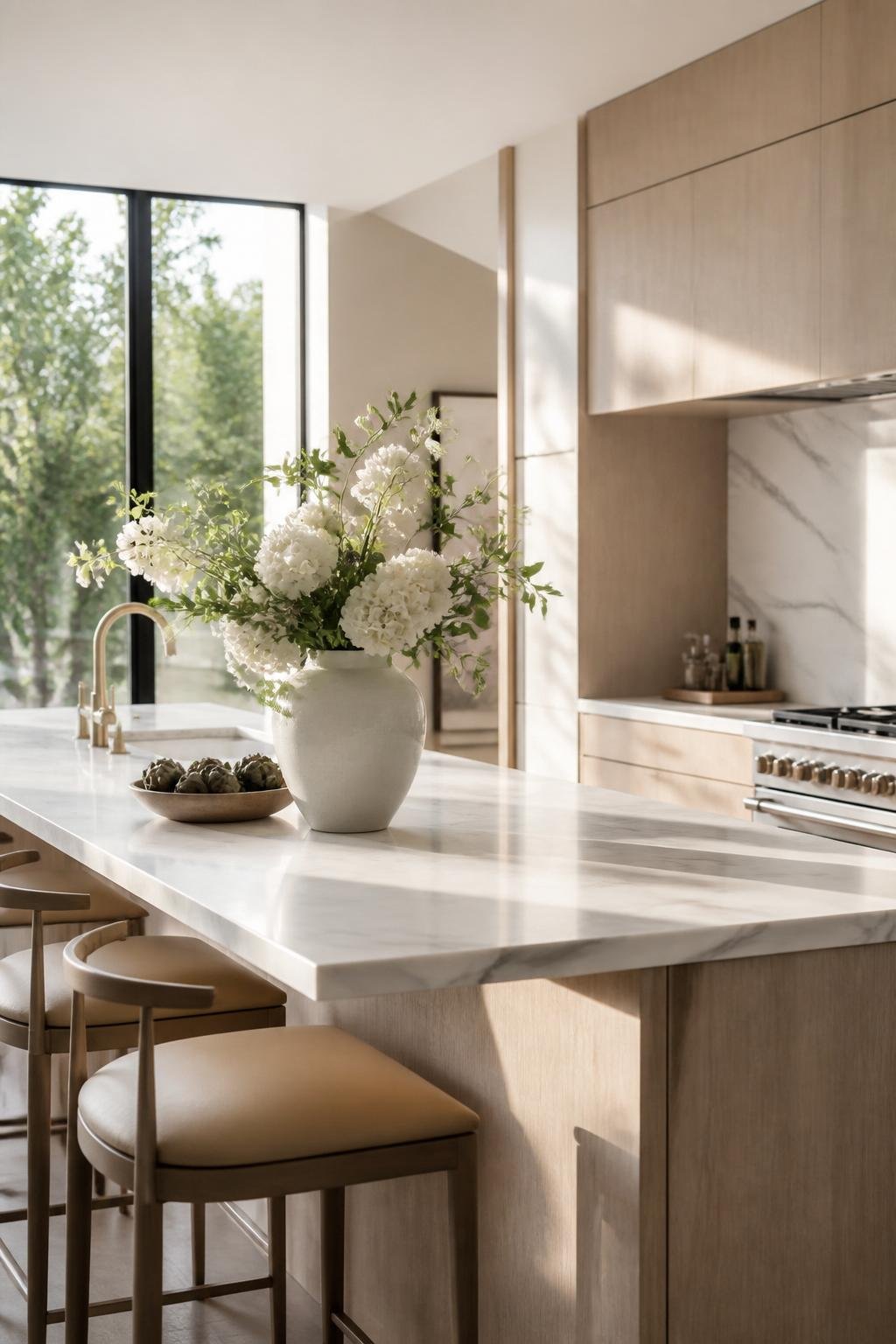 Sunlit modern kitchen with marble countertop and fresh flowers